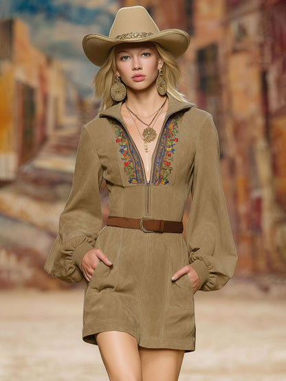Western-style Floral Embroidered Lapel Zipper Faux Suede Long-sleeved Mini Dress