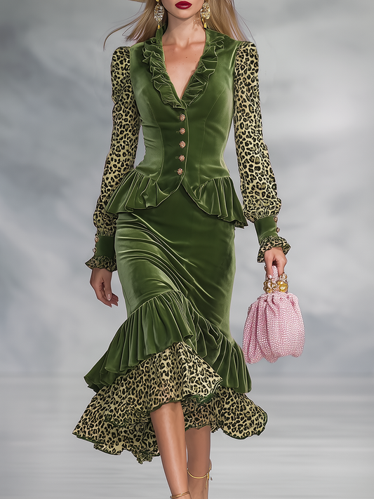 Retro-elegant V-neck Velvet Shirt And Ruffle Skirt Set