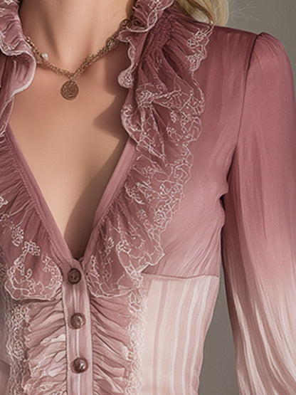 Stylish And Elegant Pink Gradient Lace Chiffon Shirt