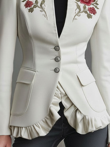 Stand-up Collar Single-breasted Double-pocket Rose-embroidered Woolen Blazer