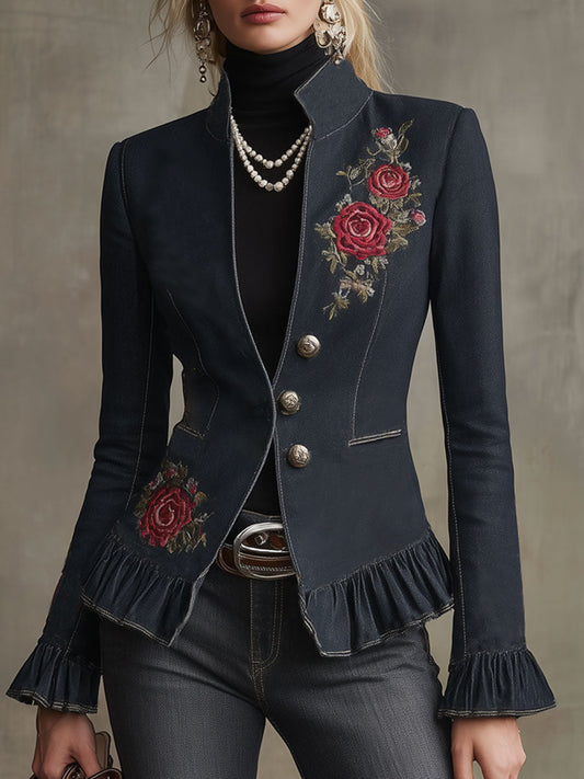 Retro-style Stand-up Collar Double Pocket Floral Embroidered Denim Blazer