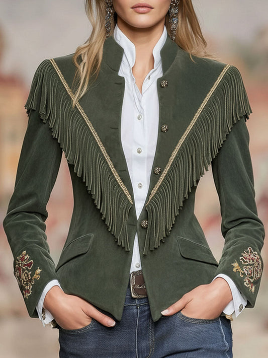 Western-style Embroidered Stand-up Collar Fringed Suede Jacket