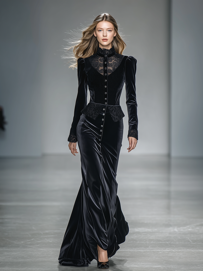 Sexy And Elegant Lace-trimmed Velvet Maxi Dress