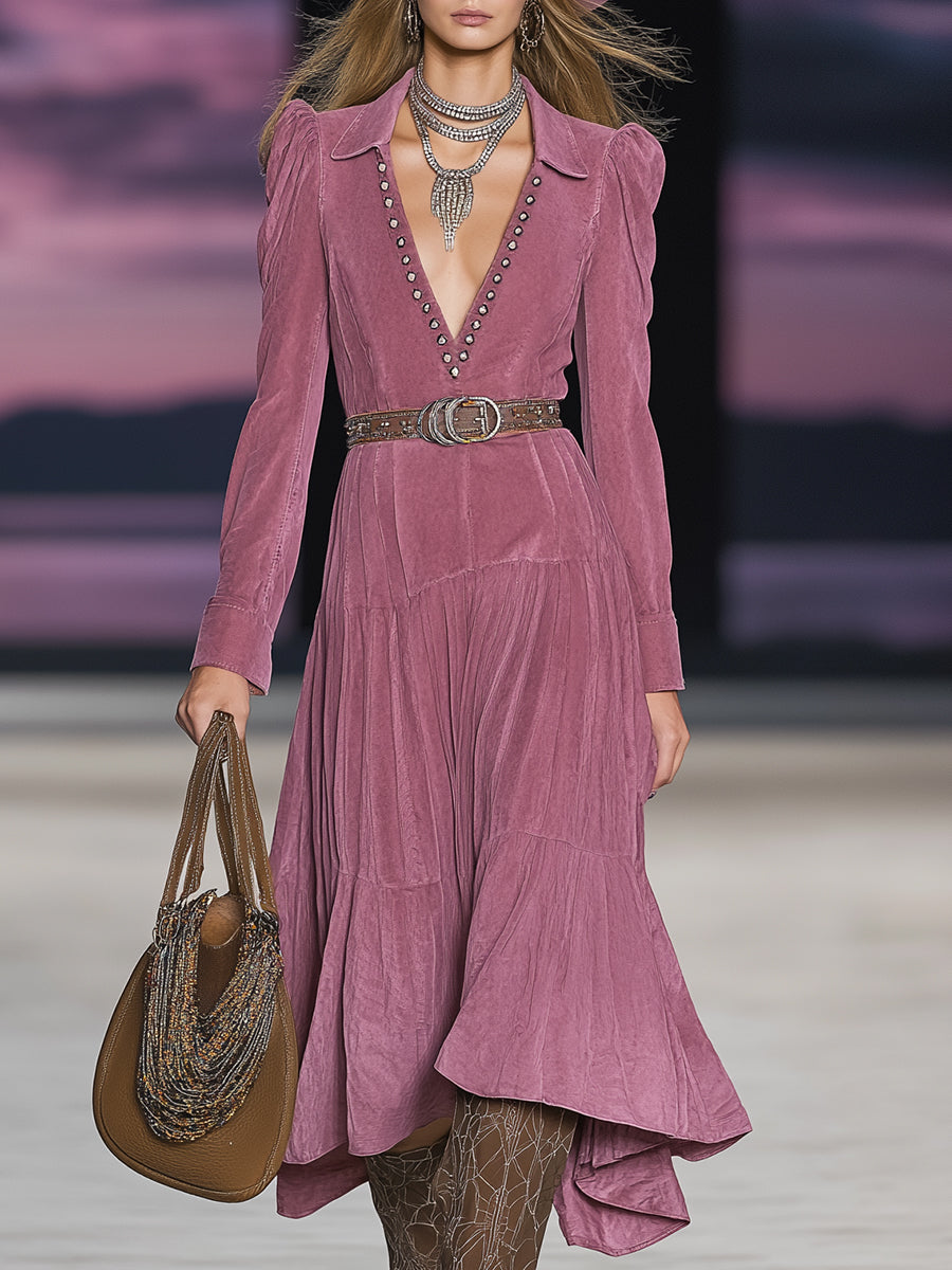 Western Pink Faux Suede V-Neck Studded Midi Dress