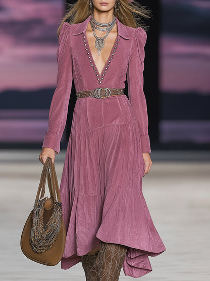 Western Pink Faux Suede V-Neck Studded Midi Dress