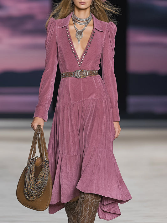 Western Pink Faux Suede V-Neck Studded Midi Dress