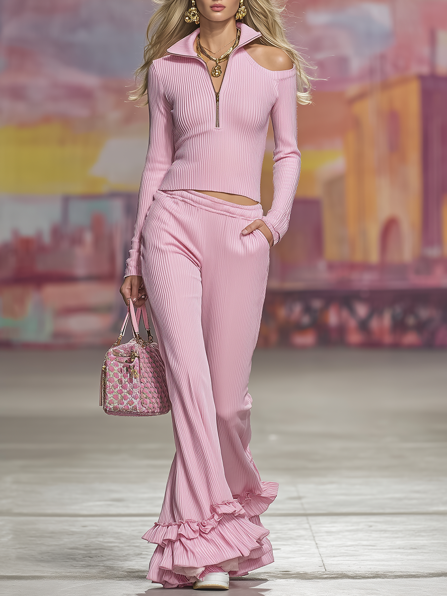 Stylish Sporty Zip-up Stand-up Collar Top And Ruffled Wide-leg Pants Set