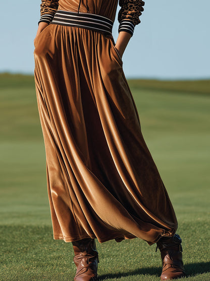 Sporty Retro Striped Brown Velvet Leopard Print Hooded Long-sleeved Maxi Dress