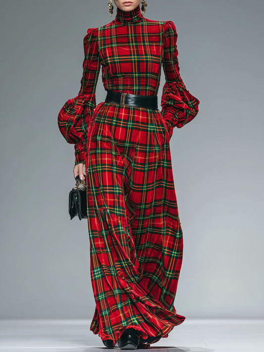 Trendy Retro Red And Green Plaid Velvet Lantern Sleeve Maxi Dress