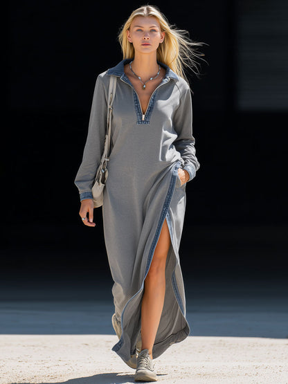 Casual Retro Blue Denim-trimmed Long-sleeved Grey Slit Sporty Maxi Dress