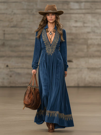 Western-style Faux Suede V-neck Embroidered Maxi Dress