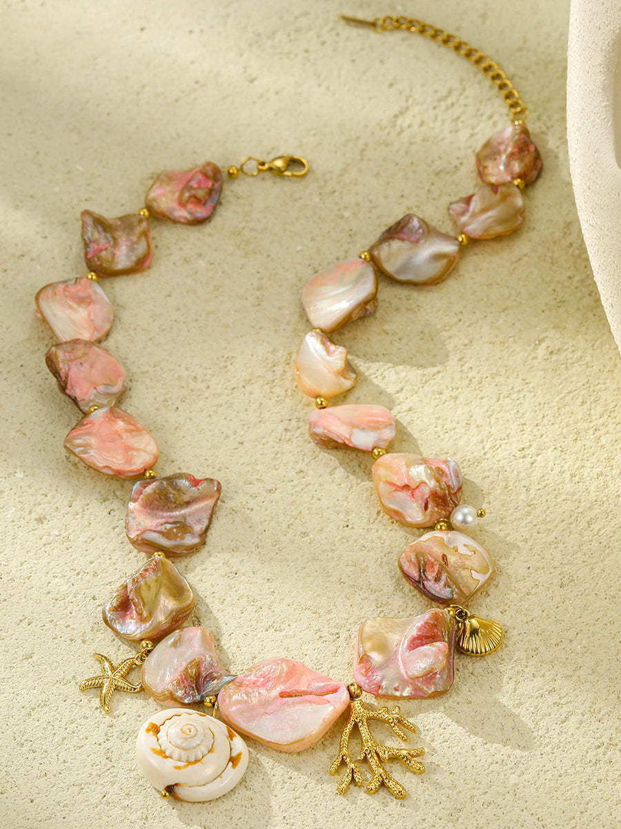 Beach Style Pink Shell Coral Stainless Steel Necklace