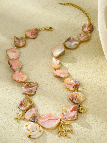 Beach Style Pink Shell Coral Stainless Steel Necklace