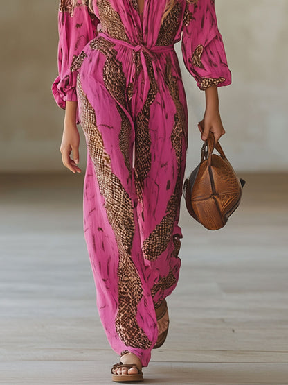 Casual Loose Rose Red Chiffon Leopard Print Long-Sleeved Jumpsuit
