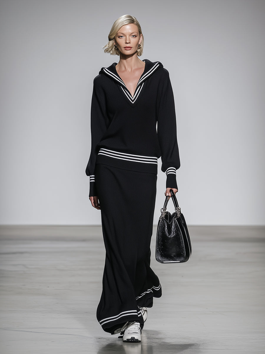 Stylish Black Knit Sweatshirt And Long Skirt  With White Webbing Set