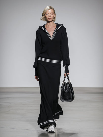 Stylish Black Knit Sweatshirt And Long Skirt  With White Webbing Set