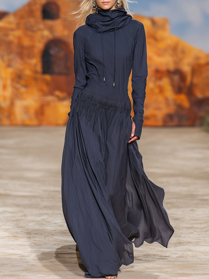 Casual Retro High-neck Dark Blue Hooded Sporty Maxi Dress