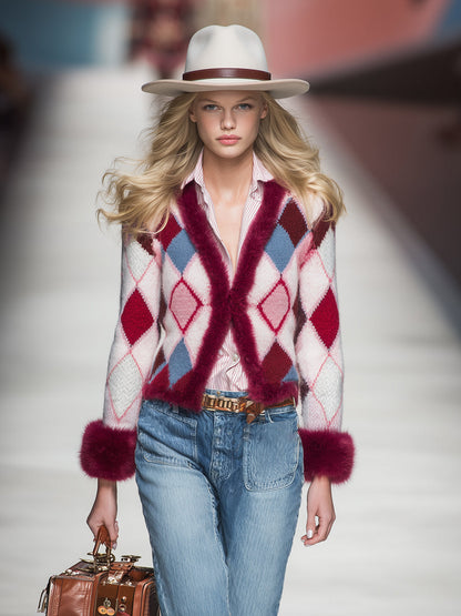 Trendy Retro Patterned Faux Fur Collar Knit Cardigan