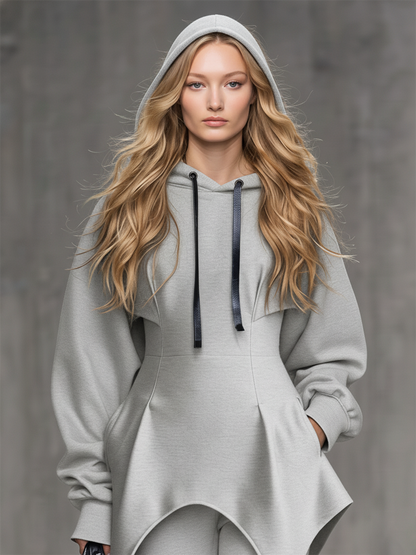 Trendy Sporty Grey Irregular Hem Hooded Sweatshirt And Pants Set