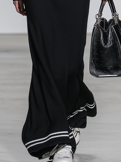 Stylish Black Knit Sweatshirt And Long Skirt  With White Webbing Set