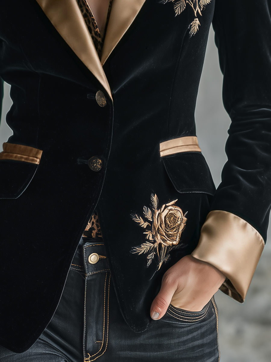 Vintage-style Elegant Rose Embroidered Velvet Blazer