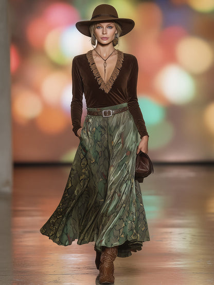 Western Retro Brown Faux Suede Fringed Top And Green Snakeskin Skirt Set