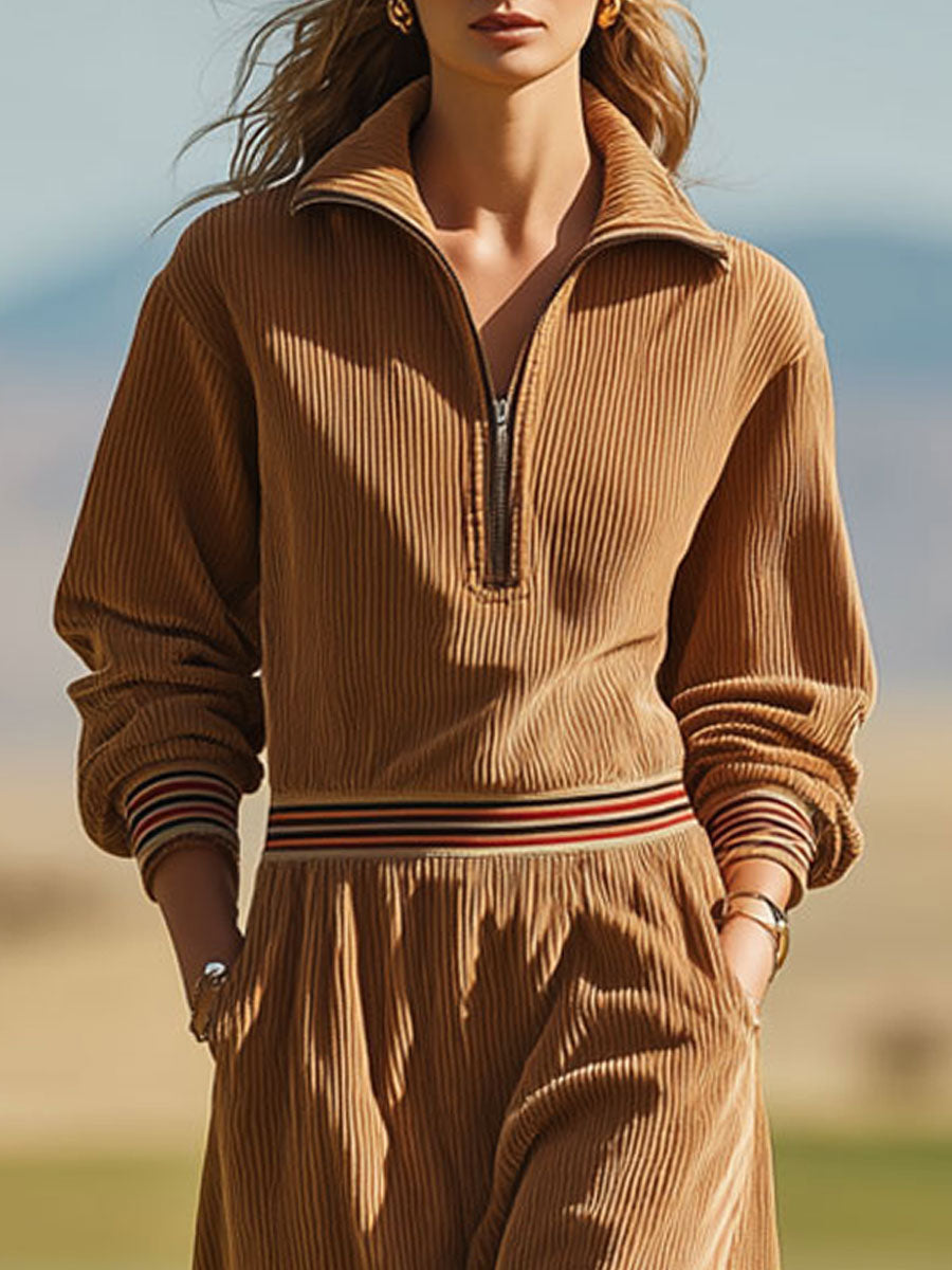 Sporty Retro Striped Half-zip Long-sleeved Camel Corduroy Mini Dress