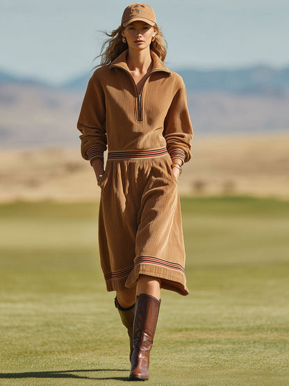 Sporty Retro Striped Half-zip Long-sleeved Camel Corduroy Mini Dress