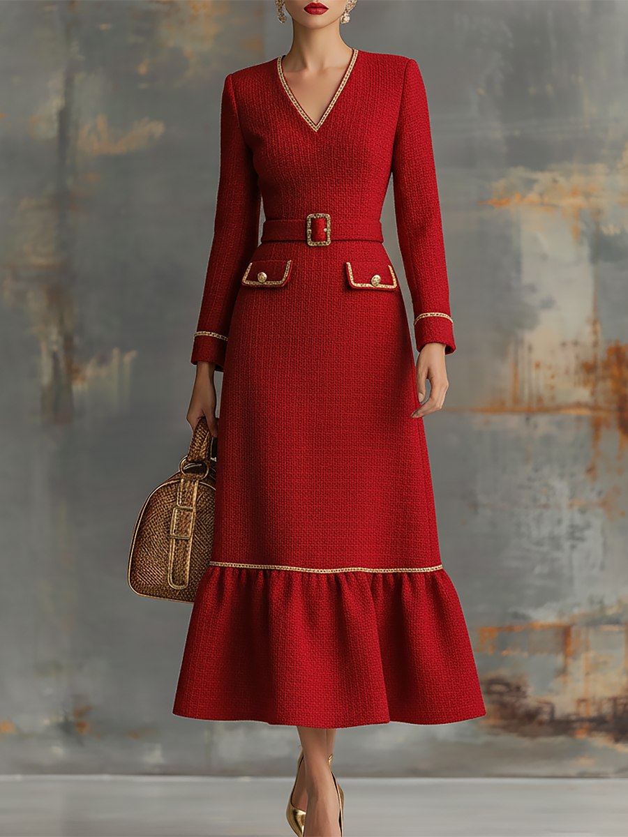 Vintage Gold-trimmed V-neck Tweed Maxi Dress