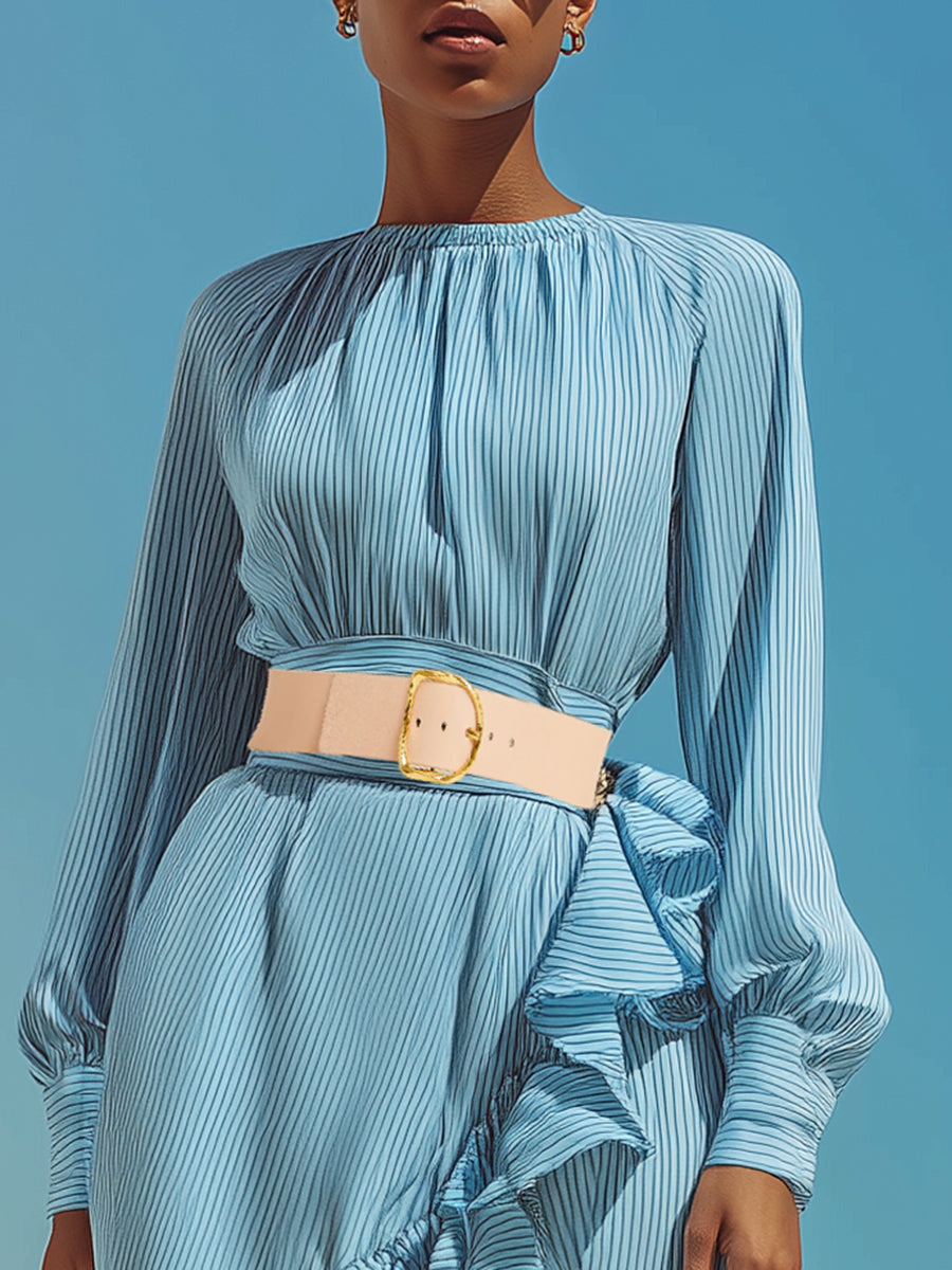 Casual Light Blue Striped Ruffled Maxi Dress