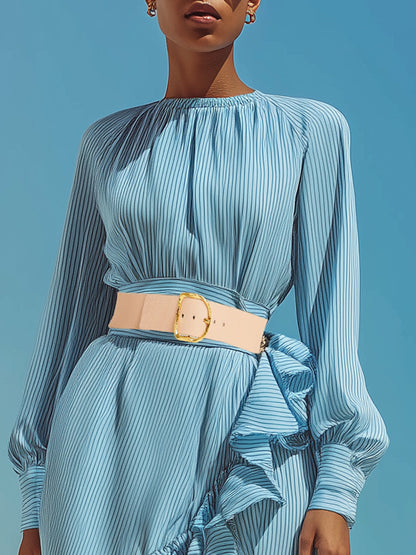 Casual Light Blue Striped Ruffled Maxi Dress