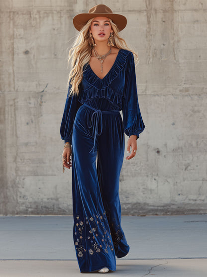 Western-style V-neck Ruffled Floral Embroidered Velvet Jumpsuit