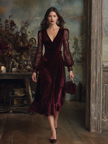 Vintage-style Exquisite Burgundy Velvet Lace Long-sleeved Maxi Dress