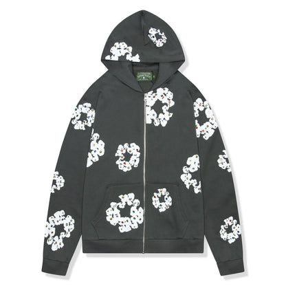 Denim Tears Rhinestone The Cotton Wreath Vintage Black Zip-Up Hoodie