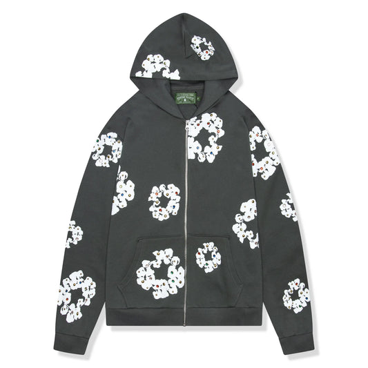 Denim Tears Rhinestone The Cotton Wreath Vintage Black Zip-Up Hoodie