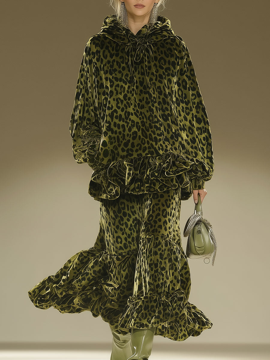 Casual Retro Green Leopard Print Velvet Print Midi Skirt Set