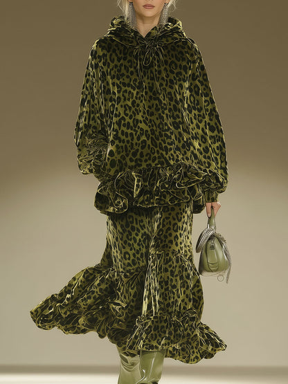 Casual Retro Green Leopard Print Velvet Print Midi Skirt Set