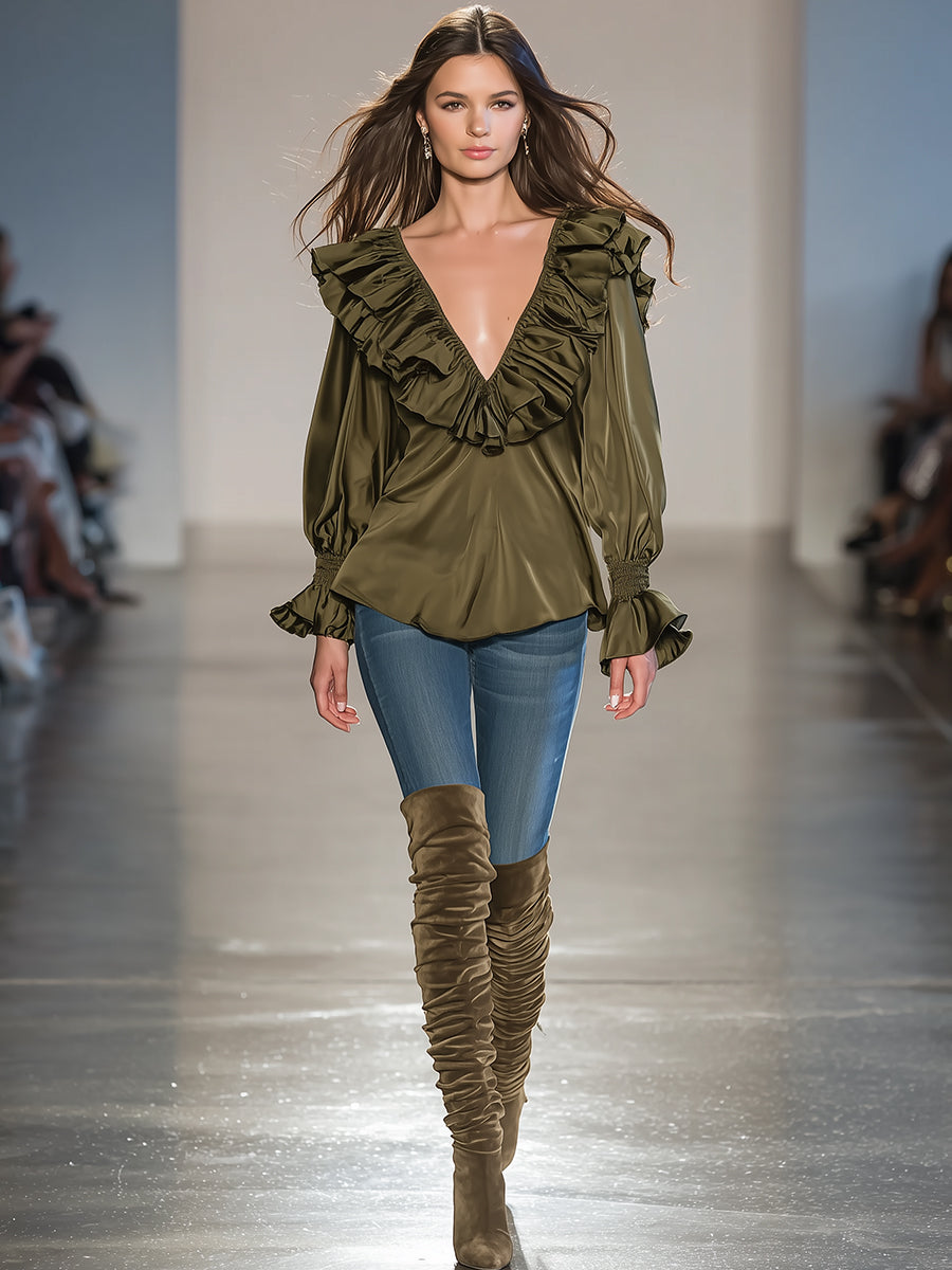 Casual And Stylish Ruffle Trim Olive Green V-neck Satin Shirt