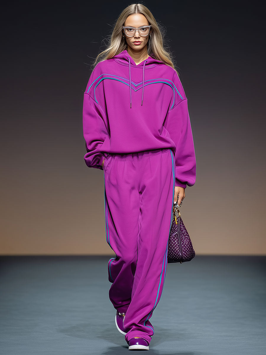 Sporty Retro Ribbon Trim Purple Hoodie Straight Leg Pants Set