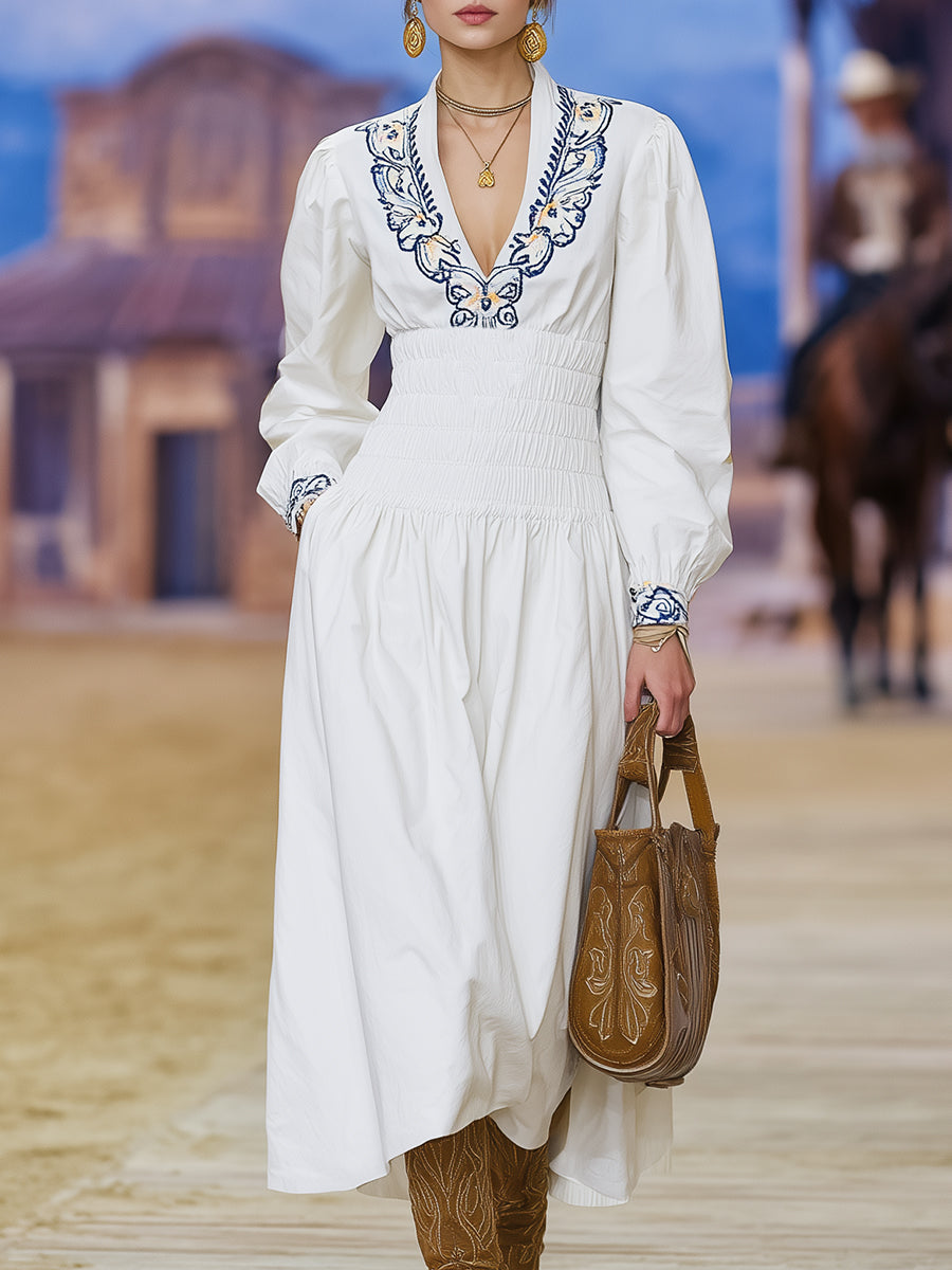 White Embroidered Neckline, High-elastic Waist Midi Dress