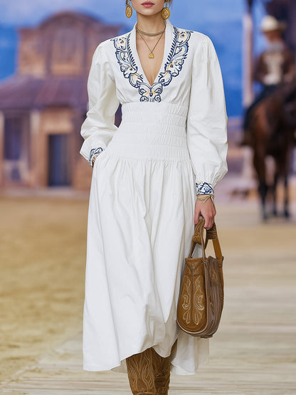 White Embroidered Neckline, High-elastic Waist Midi Dress