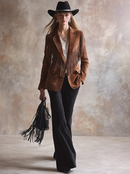 Vintage Western Brown Faux Suede Fringe Blazer