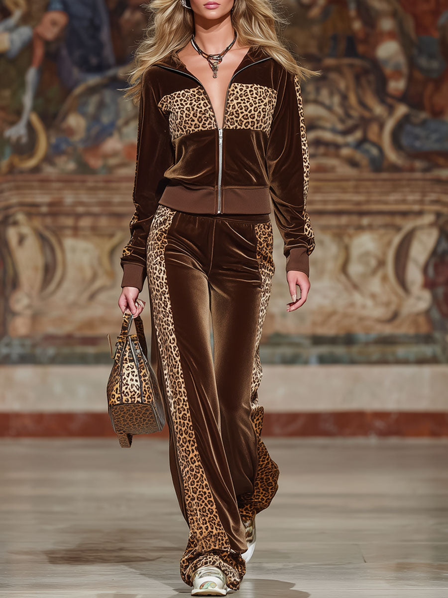 Velvet Leopard Print Hoodie And Wide-leg Pants Set