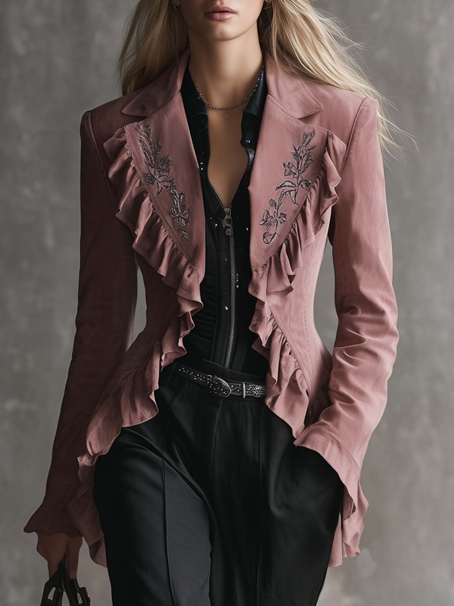 Vintage Western Embroidered Notch Collar Ruffle Trim Pink Suede Jacket