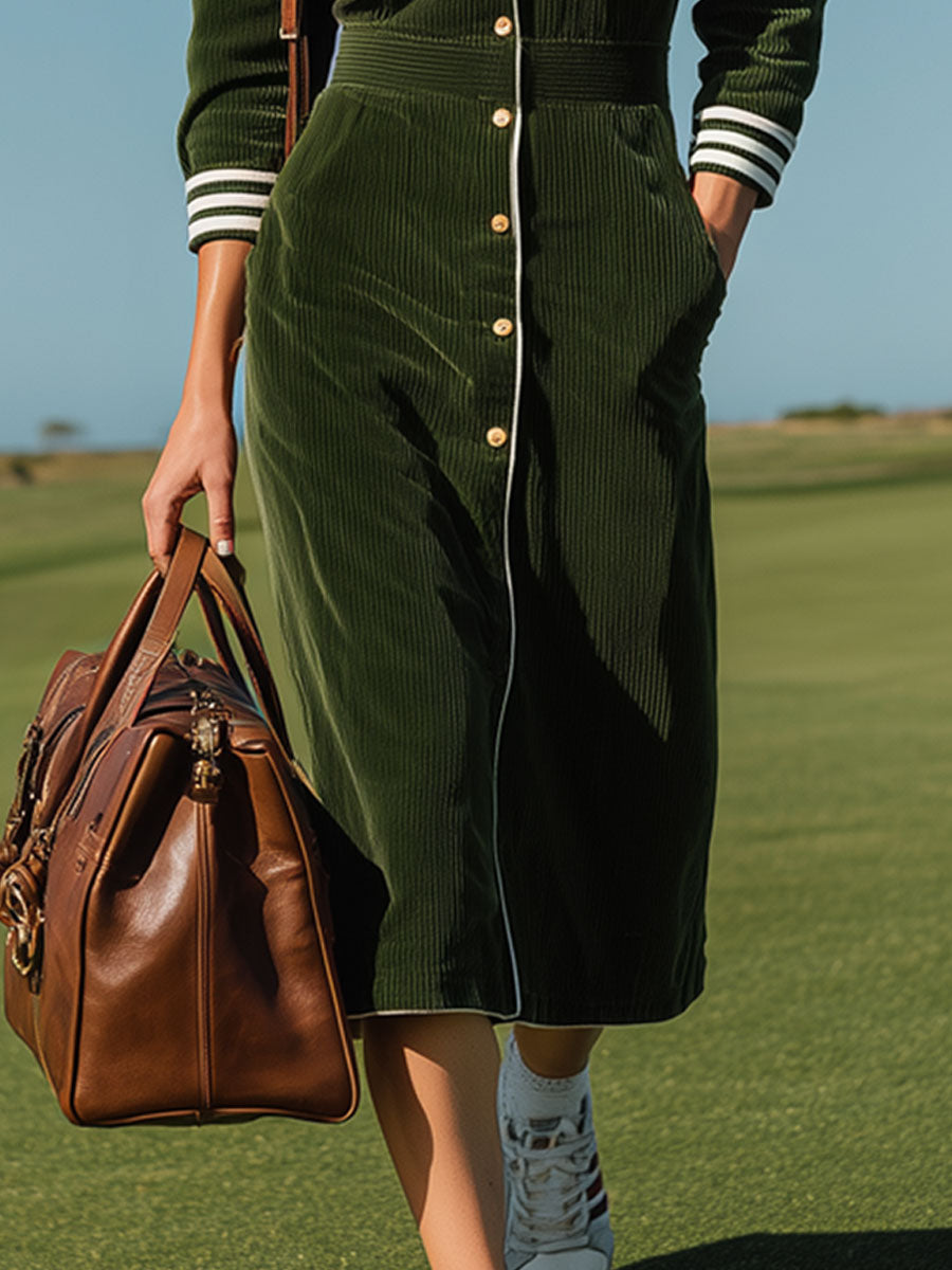 Sporty Retro Striped Dark Green Corduroy Long-sleeved Cardigan Midi Dress