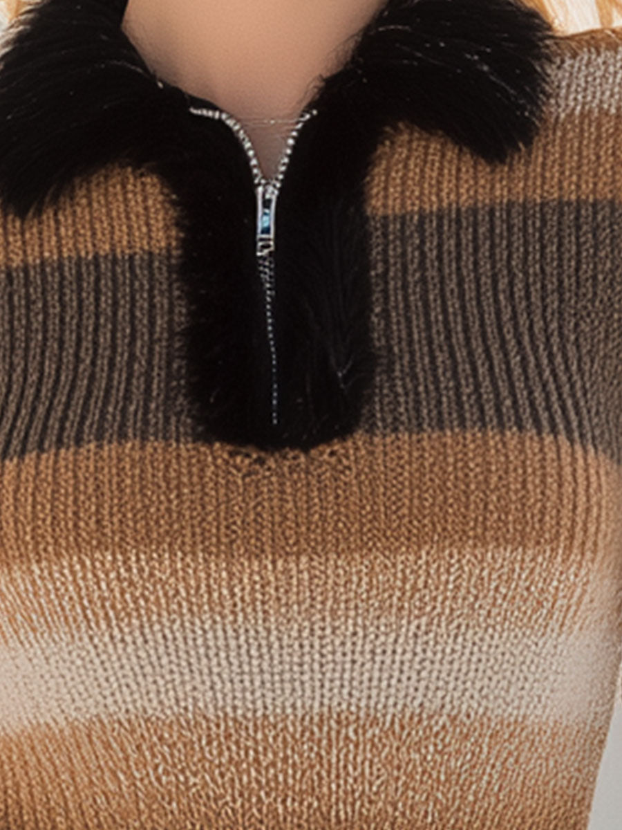 Stylish Classic Brown Striped Black Faux Wool Knit Shirt