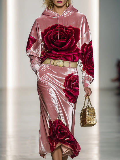 Casual And Stylish Rose Print Pink Velvet Hooded Midi Dress