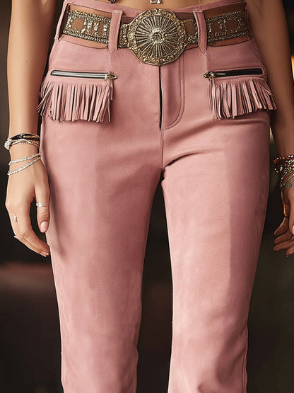Western-style Pink Faux Suede Patchwork Tassel Pocket Zipper Trousers