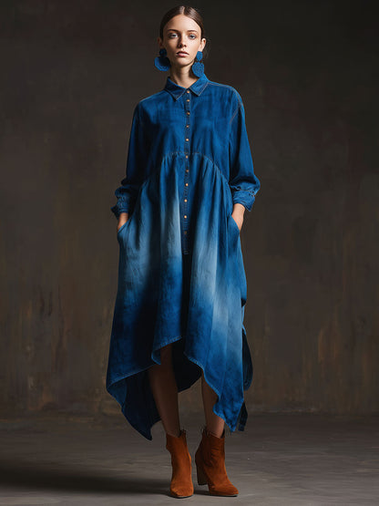 Casual Retro Gradient Dark Blue Denim Long-sleeved Cardigan, Irregular Maxi Dress