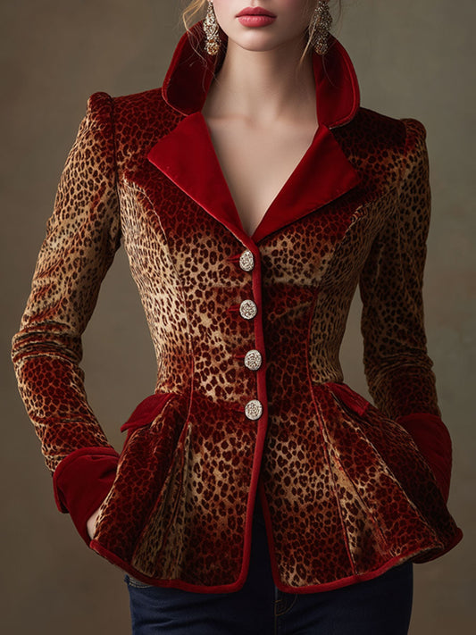 Stylish Retro Red Velvet Trim Leopard Print Ruffled Waist-cinching Blazer
